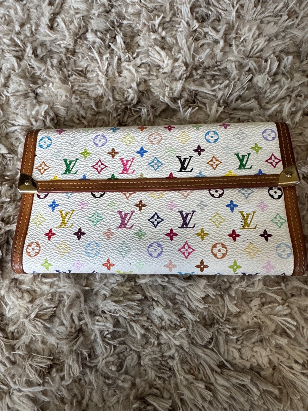 Louis Vuitton White Multicolor Monogram Clutch with Tan Trim